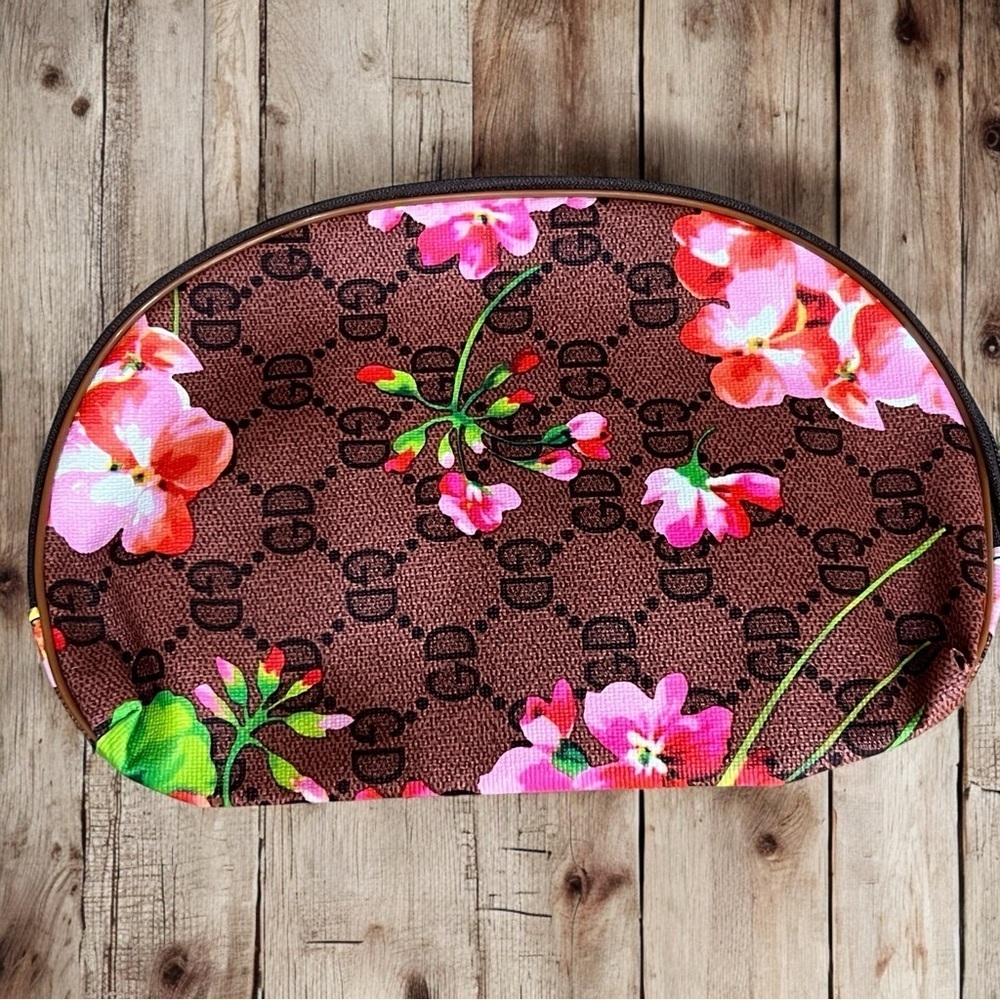 Floral Monogram Makeup Bag Black Trim Cosmetic Travel Pouch 8x6 Organizer - Picture 4 of 4